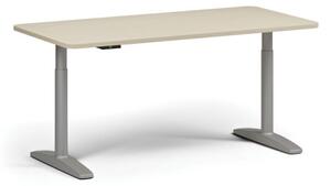 Výškově nastavitelný stůl OBOL, elektrický, 675-1325 mm, zaoblené rohy, deska 1600x800 mm, šedá podnož, bříza
