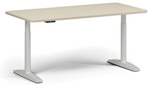 Výškově nastavitelný stůl OBOL, elektrický, 675-1325 mm, zaoblené rohy, deska 1600x800 mm, bílá zaoblená podnož, ořech