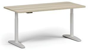 Výškově nastavitelný stůl OBOL, elektrický, 675-1325 mm, zaoblené rohy, deska 1600x800 mm, bílá zaoblená podnož, dub přírodní