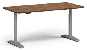 Výškově nastavitelný stůl OBOL, elektrický, 675-1325 mm, zaoblené rohy, deska 1600x800 mm, šedá podnož, ořech
