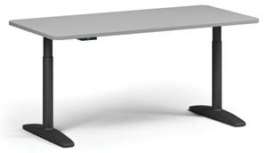 Výškově nastavitelný stůl OBOL, elektrický, 675-1325 mm, zaoblené rohy, deska 1600x800 mm, černá zaoblená podnož, šedá