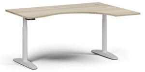 Výškově nastavitelný stůl OBOL, elektrický, 675-1325 mm, ergonomický pravý, deska 1600x1200 mm, bílá zaoblená podnož, dub přírodní