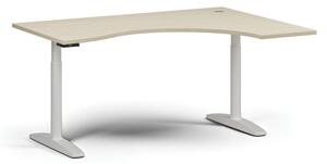 Výškově nastavitelný stůl OBOL, elektrický, 675-1325 mm, ergonomický pravý, deska 1600x1200 mm, bílá zaoblená podnož, bříza