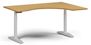 Výškově nastavitelný stůl OBOL, elektrický, 675-1325 mm, ergonomický pravý, deska 1600x1200 mm, bílá podnož, buk