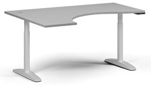 Výškově nastavitelný stůl OBOL, elektrický, 675-1325 mm, ergonomický levý, deska 1600x1200 mm, bílá podnož, šedá