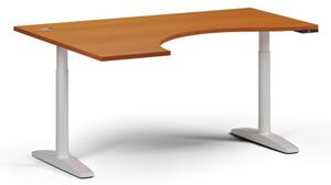Výškově nastavitelný stůl OBOL, elektrický, 675-1325 mm, ergonomický levý, deska 1600x1200 mm, bílá podnož, třešeň