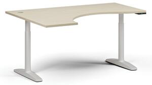 Výškově nastavitelný stůl OBOL, elektrický, 675-1325 mm, ergonomický levý, deska 1600x1200 mm, bílá podnož, bříza