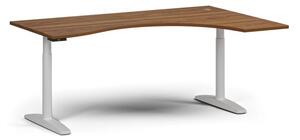 Výškově nastavitelný stůl OBOL, elektrický, 675-1325 mm, ergonomický pravý, deska 1800x1200 mm, bílá podnož, ořech