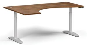 Výškově nastavitelný stůl OBOL, elektrický, 675-1325 mm, ergonomický levý, deska 1800x1200 mm, bílá podnož, ořech