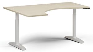 Výškově nastavitelný stůl OBOL, elektrický, 675-1325 mm, ergonomický levý, deska 1600x1200 mm, bílá zaoblená podnož, buk