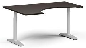 Výškově nastavitelný stůl OBOL, elektrický, 675-1325 mm, ergonomický levý, deska 1600x1200 mm, bílá zaoblená podnož, wenge