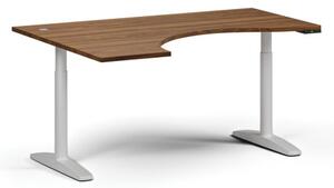 Výškově nastavitelný stůl OBOL, elektrický, 675-1325 mm, ergonomický levý, deska 1600x1200 mm, bílá podnož, ořech