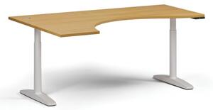 Výškově nastavitelný stůl OBOL, elektrický, 675-1325 mm, ergonomický levý, deska 1800x1200 mm, bílá podnož, buk