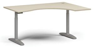 Výškově nastavitelný stůl OBOL, elektrický, 675-1325 mm, ergonomický pravý, deska 1600x1200 mm, šedá podnož, bříza