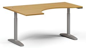 Výškově nastavitelný stůl OBOL, elektrický, 675-1325 mm, ergonomický levý, deska 1600x1200 mm, šedá podnož, buk