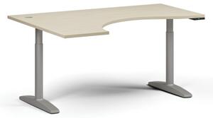 Výškově nastavitelný stůl OBOL, elektrický, 675-1325 mm, ergonomický levý, deska 1600x1200 mm, šedá podnož, bříza