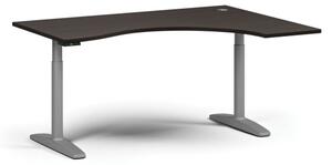 Výškově nastavitelný stůl OBOL, elektrický, 675-1325 mm, ergonomický pravý, deska 1600x1200 mm, šedá zaoblená podnož, wenge