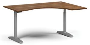 Výškově nastavitelný stůl OBOL, elektrický, 675-1325 mm, ergonomický pravý, deska 1600x1200 mm, šedá podnož, ořech