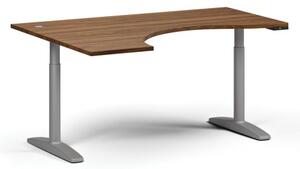Výškově nastavitelný stůl OBOL, elektrický, 675-1325 mm, ergonomický levý, deska 1600x1200 mm, šedá zaoblená podnož, ořech