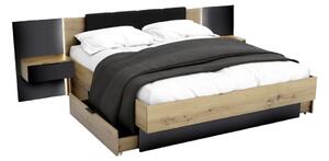 Manželská postel DOTA + rošt + matrace DE LUX + deska s nočními stolky, 160x200, dub artisan/černá