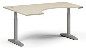 Výškově nastavitelný stůl OBOL, elektrický, 675-1325 mm, ergonomický levý, deska 1600x1200 mm, šedá zaoblená podnož, buk