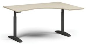 Výškově nastavitelný stůl OBOL, elektrický, 675-1325 mm, ergonomický pravý, deska 1600x1200 mm, černá zaoblená podnož, bříza