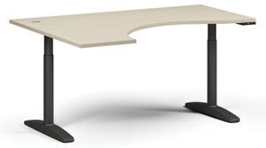 Výškově nastavitelný stůl OBOL, elektrický, 675-1325 mm, ergonomický levý, deska 1600x1200 mm, černá podnož, bříza