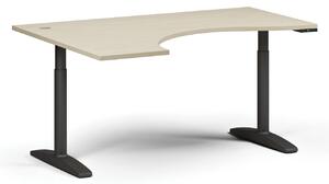 Výškově nastavitelný stůl OBOL, elektrický, 675-1325 mm, ergonomický levý, deska 1600x1200 mm, černá zaoblená podnož, buk