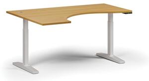 Výškově nastavitelný stůl, elektrický, 675-1325 mm, ergonomický levý, deska 1600x1200 mm, bílá podnož, buk
