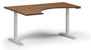Výškově nastavitelný stůl, elektrický, 675-1325 mm, ergonomický levý, deska 1600x1200 mm, bílá podnož, ořech