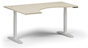 Výškově nastavitelný stůl ULIX, elektrický, 675-1325 mm, ergonomický levý, deska 1600x1200 mm, bílá podnož, bříza