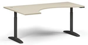 Výškově nastavitelný stůl OBOL, elektrický, 675-1325 mm, ergonomický levý, deska 1800x1200 mm, černá podnož, bříza