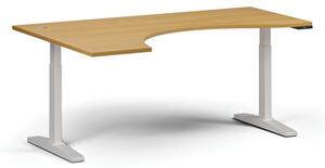 Výškově nastavitelný stůl, elektrický, 675-1325 mm, ergonomický levý, deska 1800x1200 mm, bílá podnož, buk