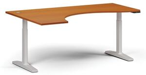 Výškově nastavitelný stůl, elektrický, 675-1325 mm, ergonomický levý, deska 1800x1200 mm, bílá podnož, třešeň