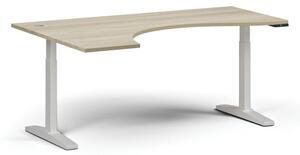 Výškově nastavitelný stůl, elektrický, 675-1325 mm, ergonomický levý, deska 1800x1200 mm, bílá podnož, dub přírodní