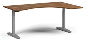 Výškově nastavitelný stůl, elektrický, 675-1325 mm, ergonomický pravý, deska 1800x1200 mm, šedá podnož, ořech
