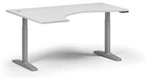 Výškově nastavitelný stůl, elektrický, 675-1325 mm, ergonomický levý, deska 1600x1200 mm, šedá podnož, bílá