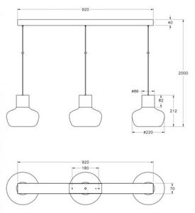 Fabas 3767-48-365 Kino, závěsné svítidlo z čirého skla a zlatého kovu, 3x12W LED 3000K krokové stmívání, délka 92cm