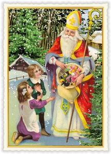 Dům Vánoc Vánoční pohlednice Mikuláš rozdává dárky 10,5 x 15 cm