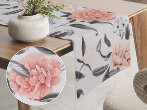 Biante Bavlněný běhoun na stůl Sandra SA-412 Velké růžovo-šedé květy na bílém 45x180 cm