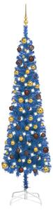 Úzký vánoční stromek s LED a sadou koulí modrý 240 cm