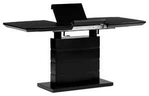 Jídelní stůl 110+40x70 cm, černá 4 mm skleněná deska, MDF, černý matný lak - HT-420 BK