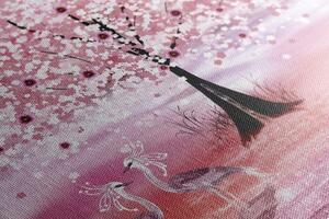 Obraz volavky pod magickým stromem v růžovém provedení