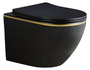 BPS-koupelny Závěsná WC mísa se SoftClose sedátkem PEAK MTB GL RIM 03, černá mat/zlatý proužek