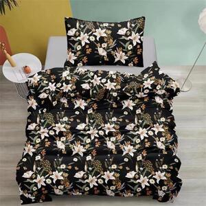 Bavlissimo 2-dílné černé povlečení s květinami 140x200 pro jednu postel