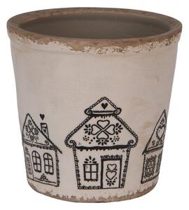 Béžový keramický obal na květináč s motivem perníkových domečků Gingerbread Bliss L – 17x16 cm