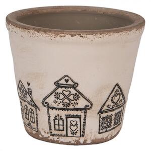 Béžový keramický obal na květináč s motivem perníkových domečků Gingerbread Bliss S – 12x11 cm