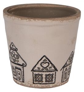 Béžový keramický obal na květináč s motivem perníkových domečků Gingerbread Bliss M – 15x14 cm