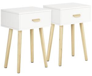 HOMCOM Sada 2 Nočních Stolků se Zásuvkou a Dřevěnými Nohami pro Ložnici, Obývací Pokoj nebo Kancelář, Moderní Styl 40,5x30,5x60 cm Bílá | Aosom