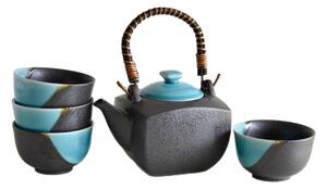 Made in Japan (MIJ) Metallic set na čaj s modrým detailem, Konvica + 4 šálky